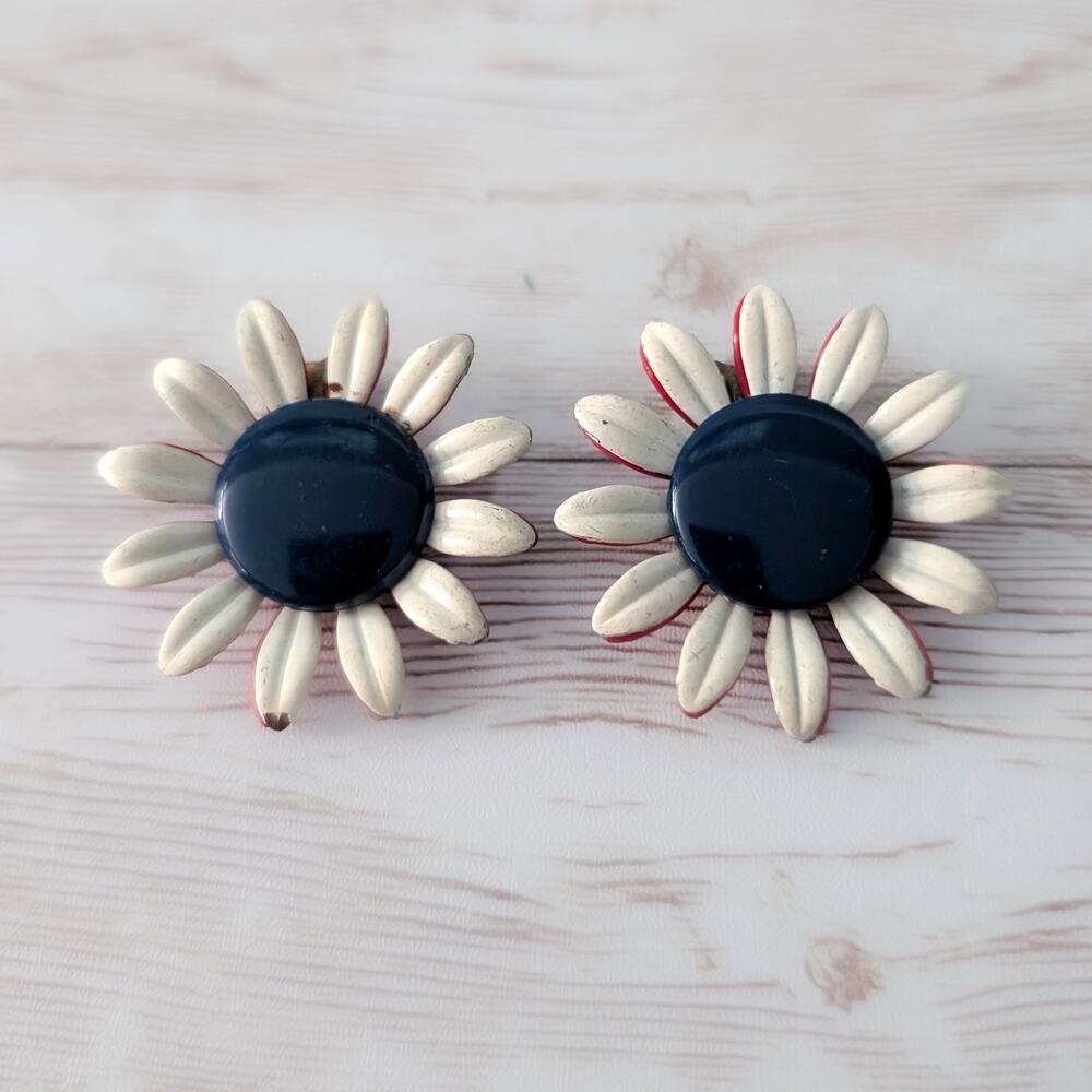 Vintage Clip On Earrings Off White, Red, Blue Flower Large - Some Paint Chips